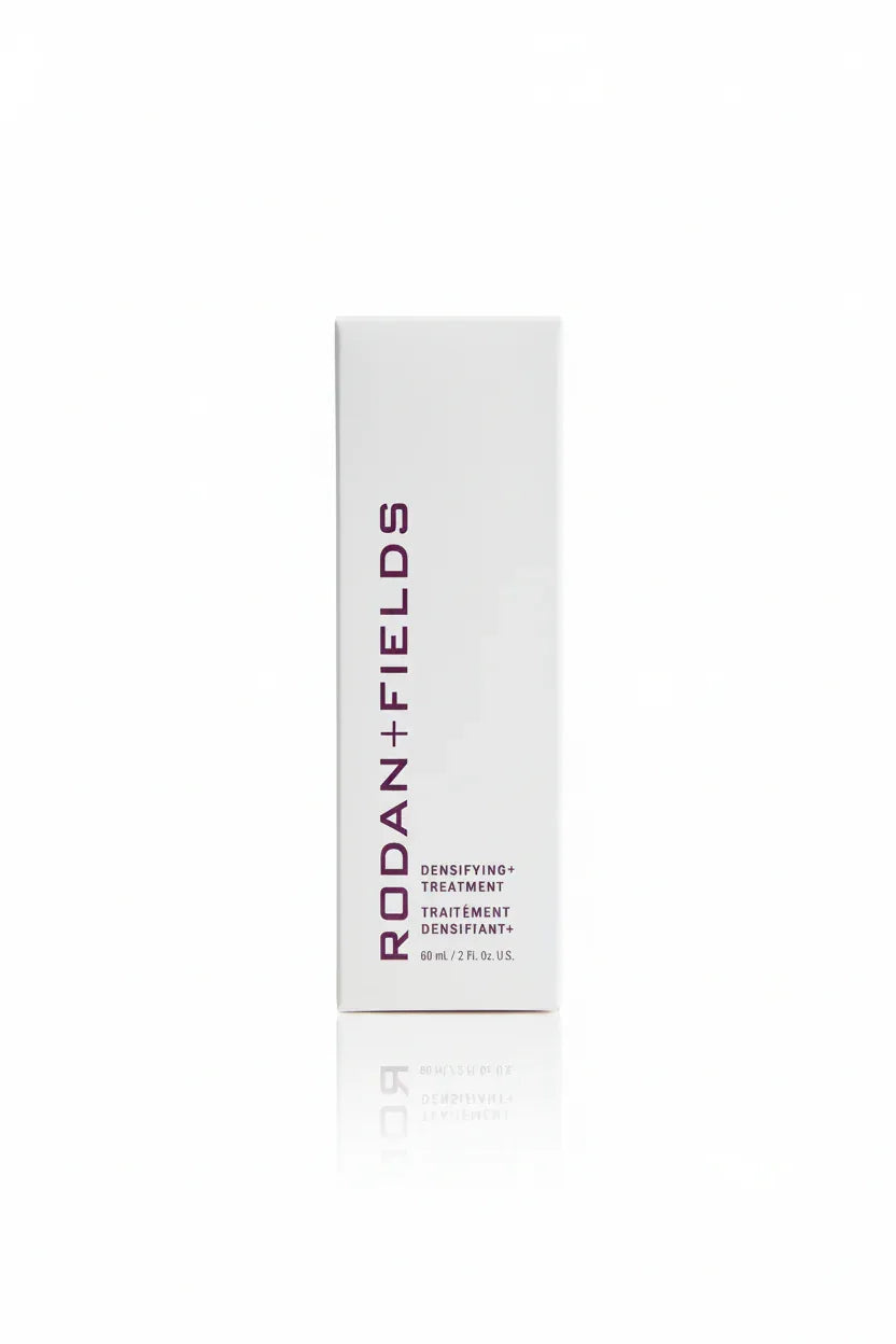 Rodan + Fields Densifying+ Treatment showcased in bright white studio lighting with clinical-aesthetic design