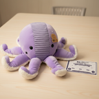 Animal Adventure Purple Octopus Plush next to More4less Outlet Stuffed Friend Adoption Certificate gift flat lay - More4less Outlet