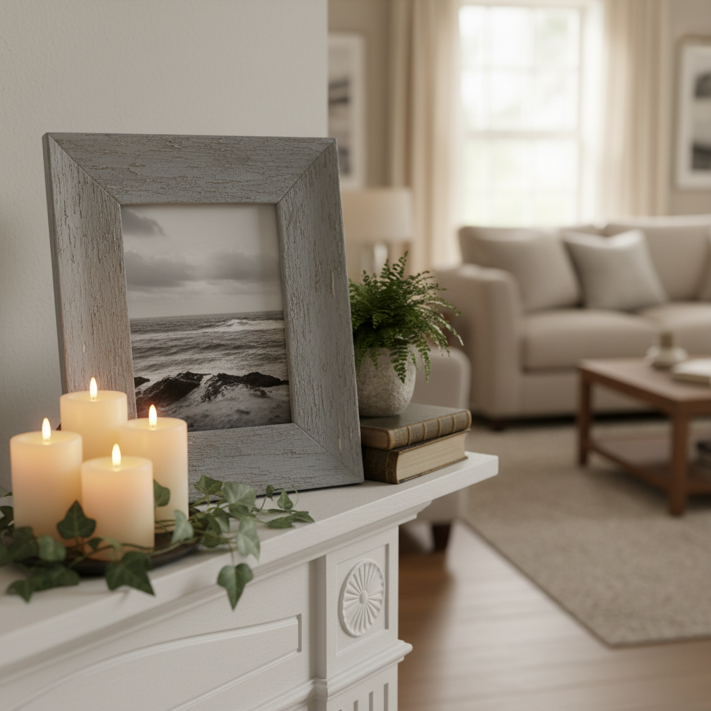 Weathered grey picture frame on a white mantle with candles and greenery