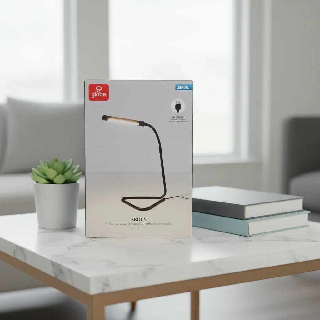 Globe Electric Arden LED Desk Lamp retail box on white quartz living room side table with small succulent and contemporary accent books