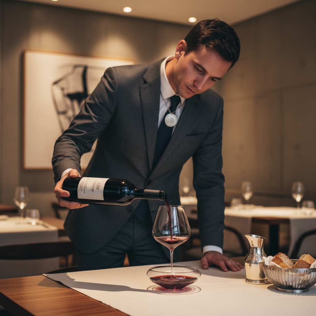Sommelier carefully pouring rich Merlot wine into an expansive flat-bottom crystal glass at a modern restaurant table