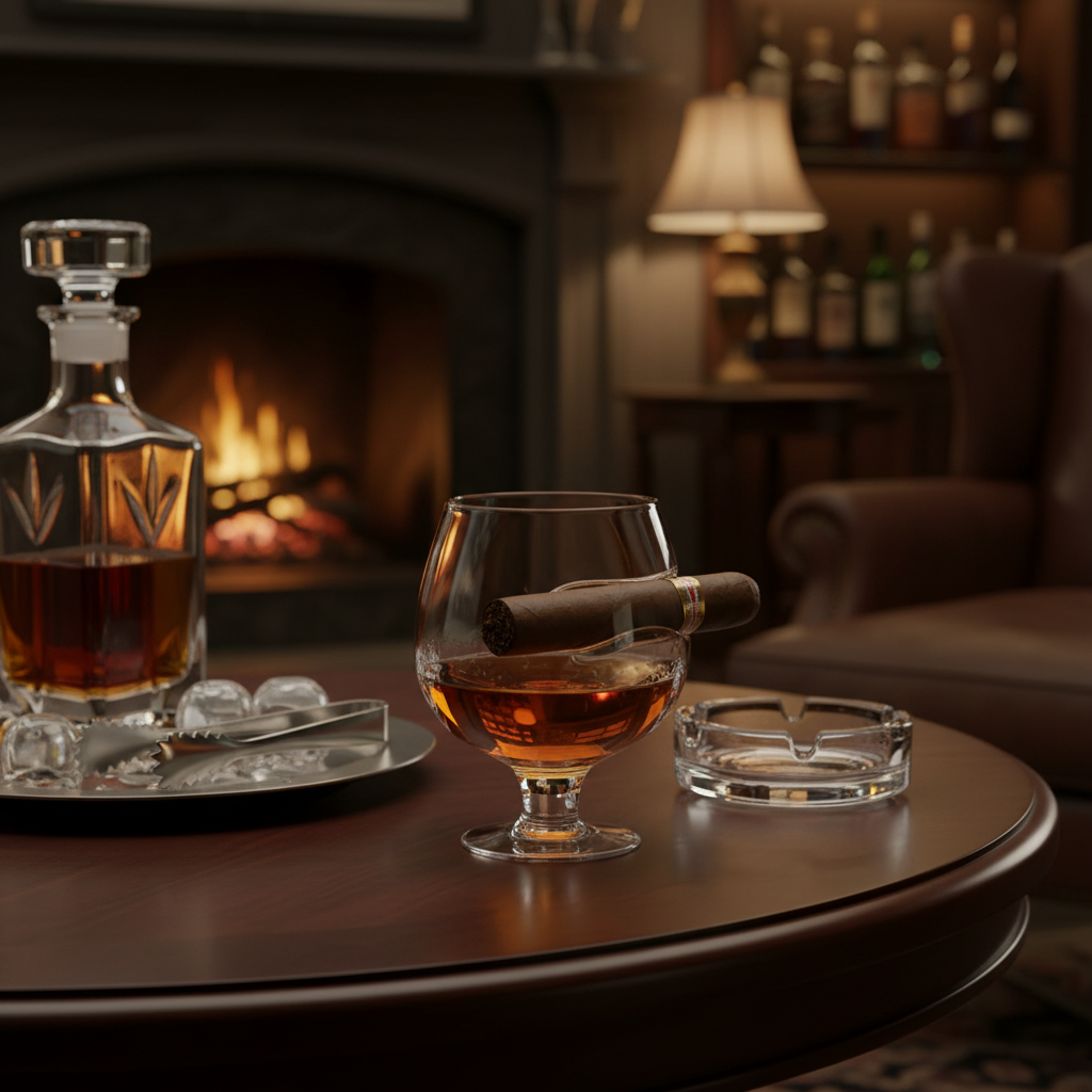 Brookstone cigar holder whiskey glass on mahogany wood evening setting – More4less Outlet