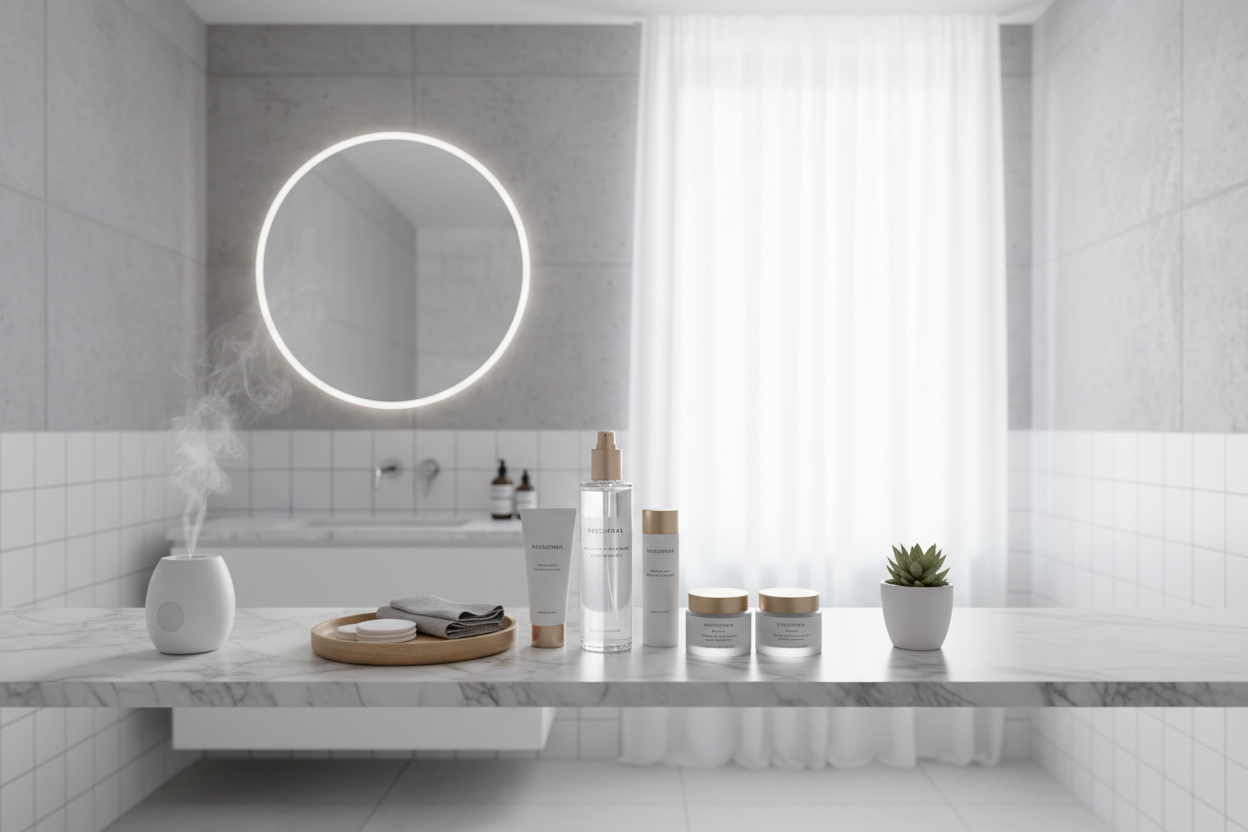 ZO Medical Balatone Calming Toner in minimalist home spa bathroom wellness setup