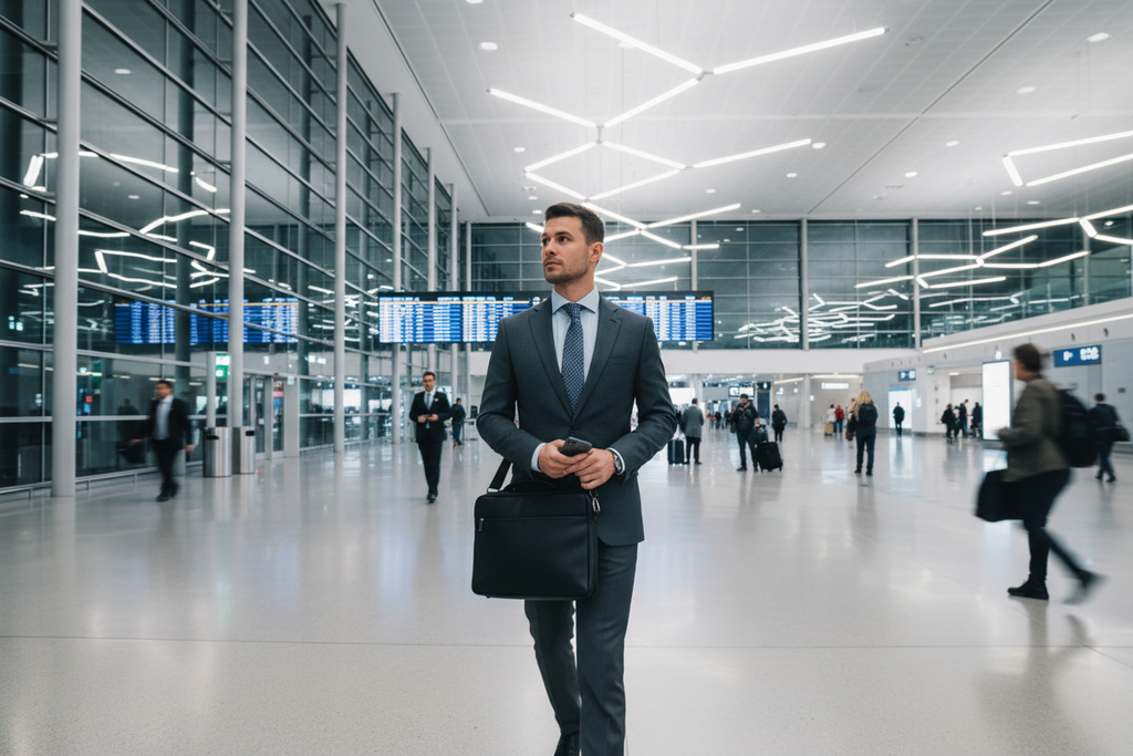 Business professional carrying black ThinkPad laptop briefcase through modern airport terminal