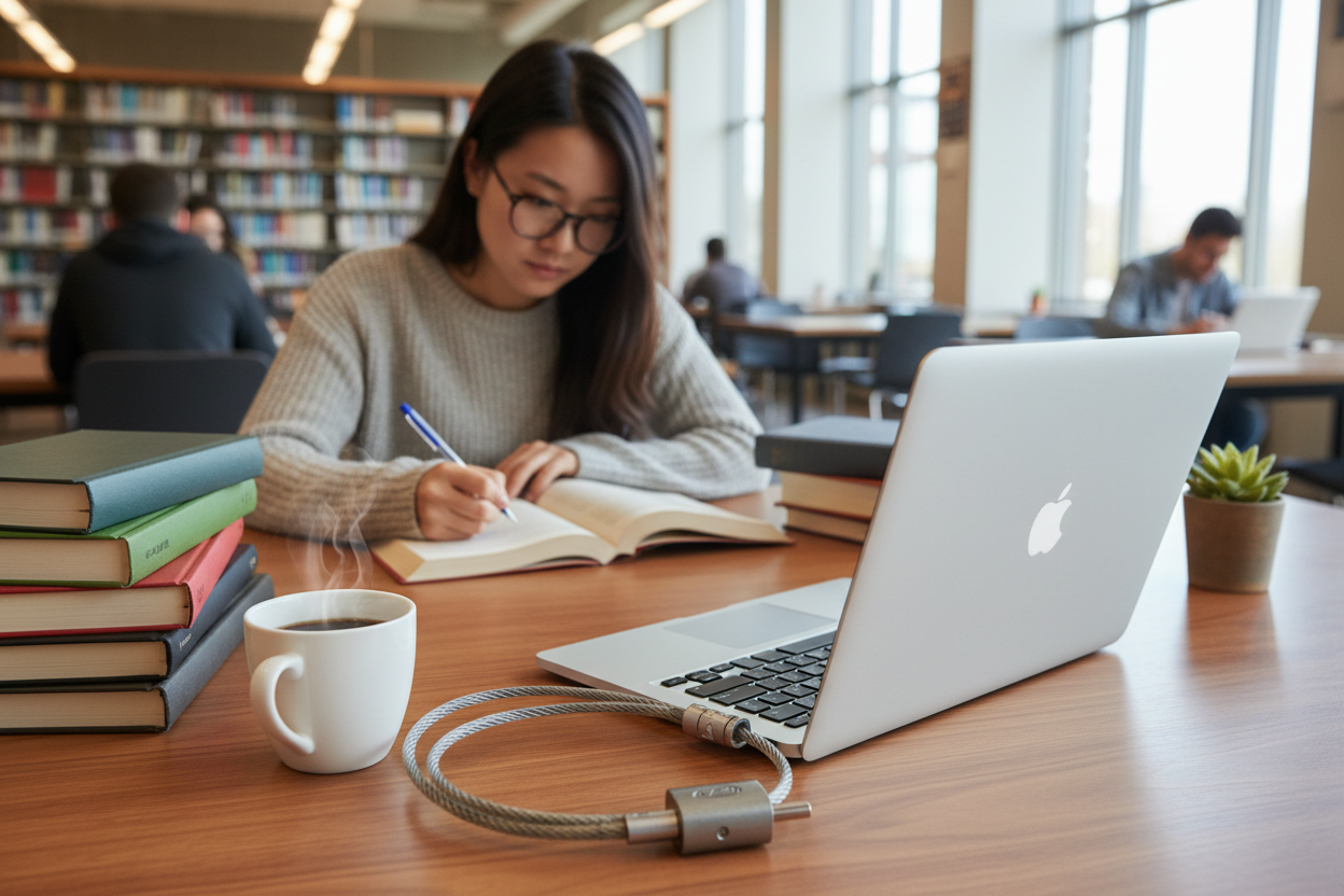 Laptop secured with Targus DEFCON cable lock to library desk with student studying nearby – More4less Outlet