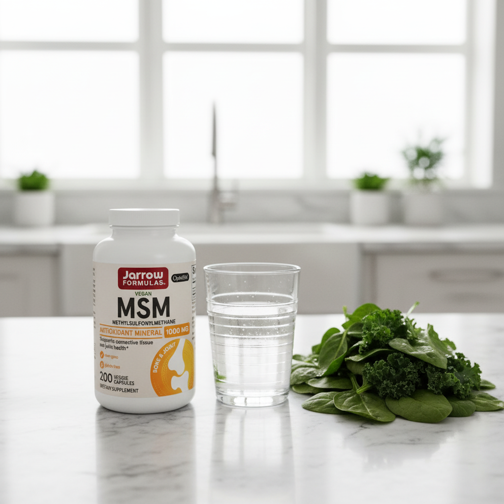 Jarrow Formulas Vegan MSM 1000mg supplement bottle on marble countertop with water glass and greens – wellness lifestyle