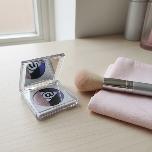 Mary Kay At Play Baked Eye Trio compact open on light wood vanity with makeup brush on pink cloth