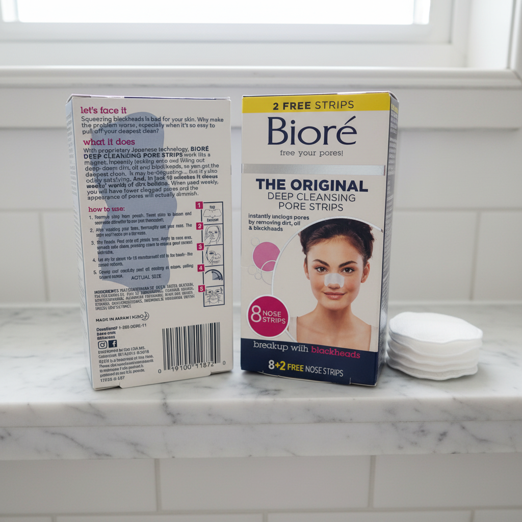 Bioré Original Deep Cleansing Nose Pore Strips two-box bundle beside plain cotton rounds on a marble bathroom shelf