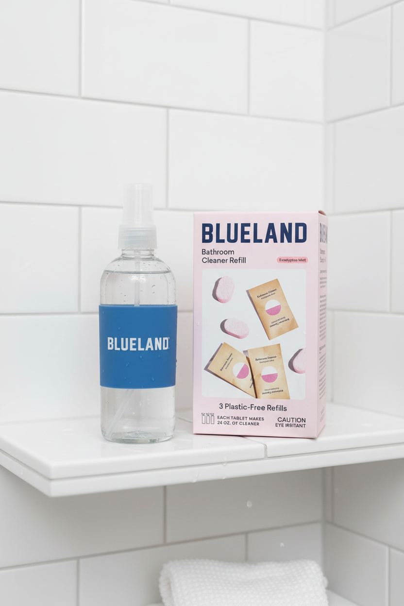 Blueland spray bottle on bright minimalist white tile shower shelf