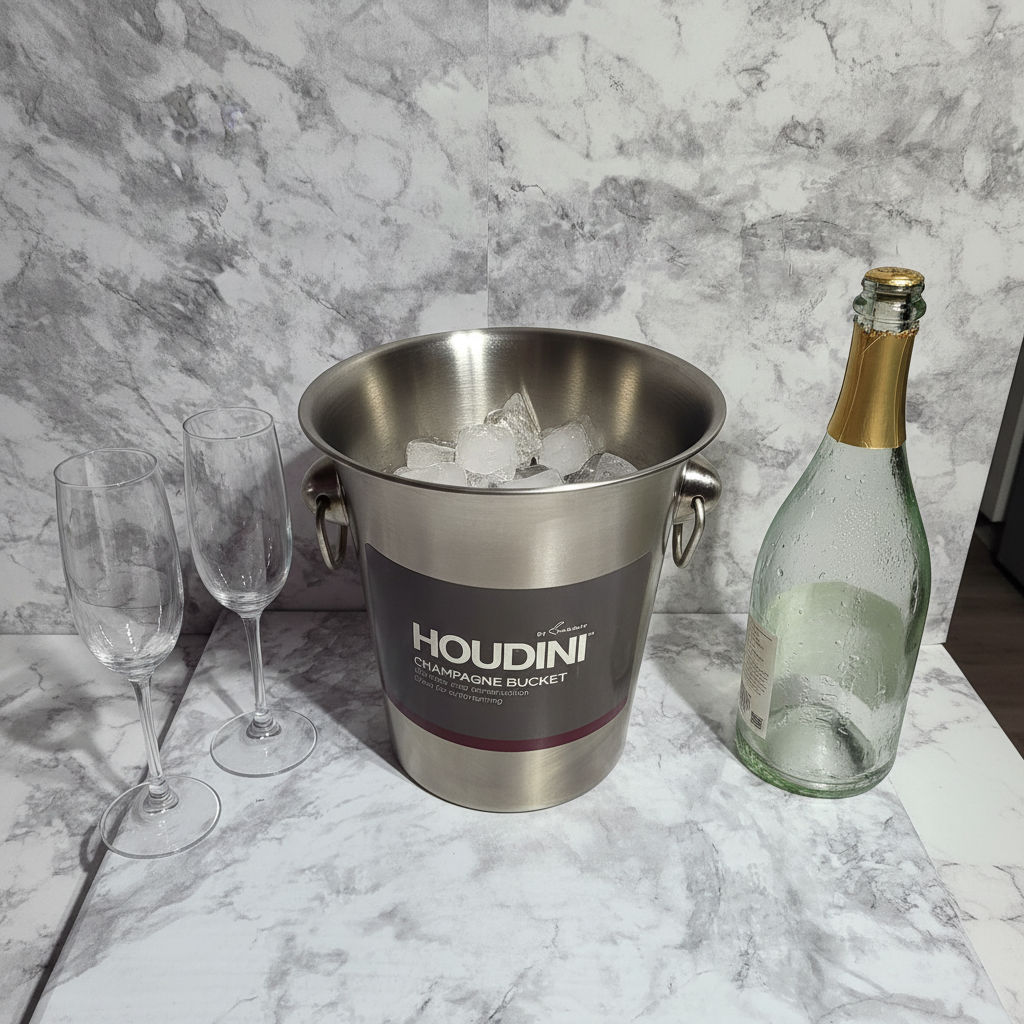Houdini by Rabbit stainless steel champagne bucket on marble counter with champagne bottle and crystal flutes – More4less Outlet