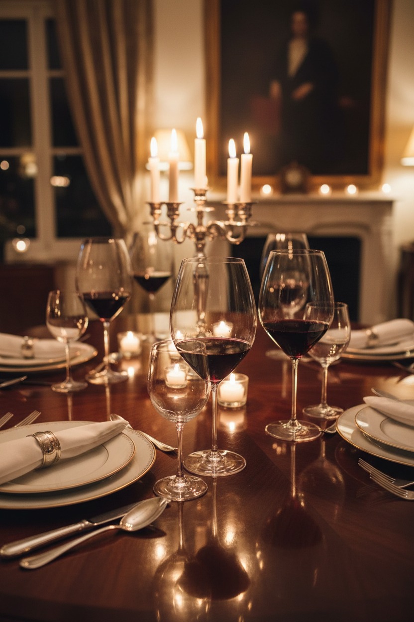 Riedel Magnum crystal wine stemware set on a formal dark wooden dining table with candlelight ambiance