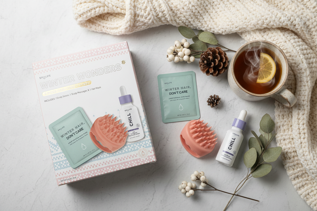 SpaLife Winter Wonders 3-piece hair care gift set cozy self-care flat lay with knit blanket mug of tea and winter botanicals – More4less Outlet
