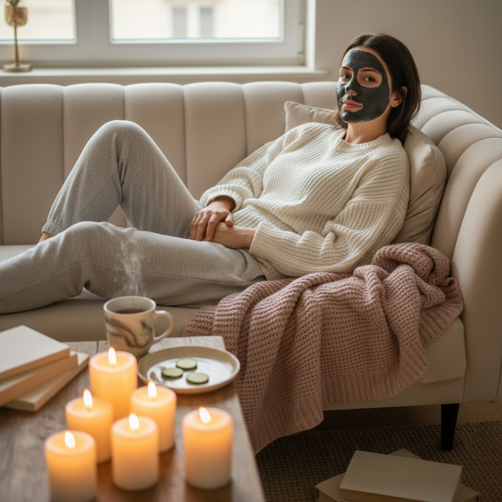 Young woman relaxing on couch with dark charcoal face mask and cucumber slices by soft candlelight self-care evening