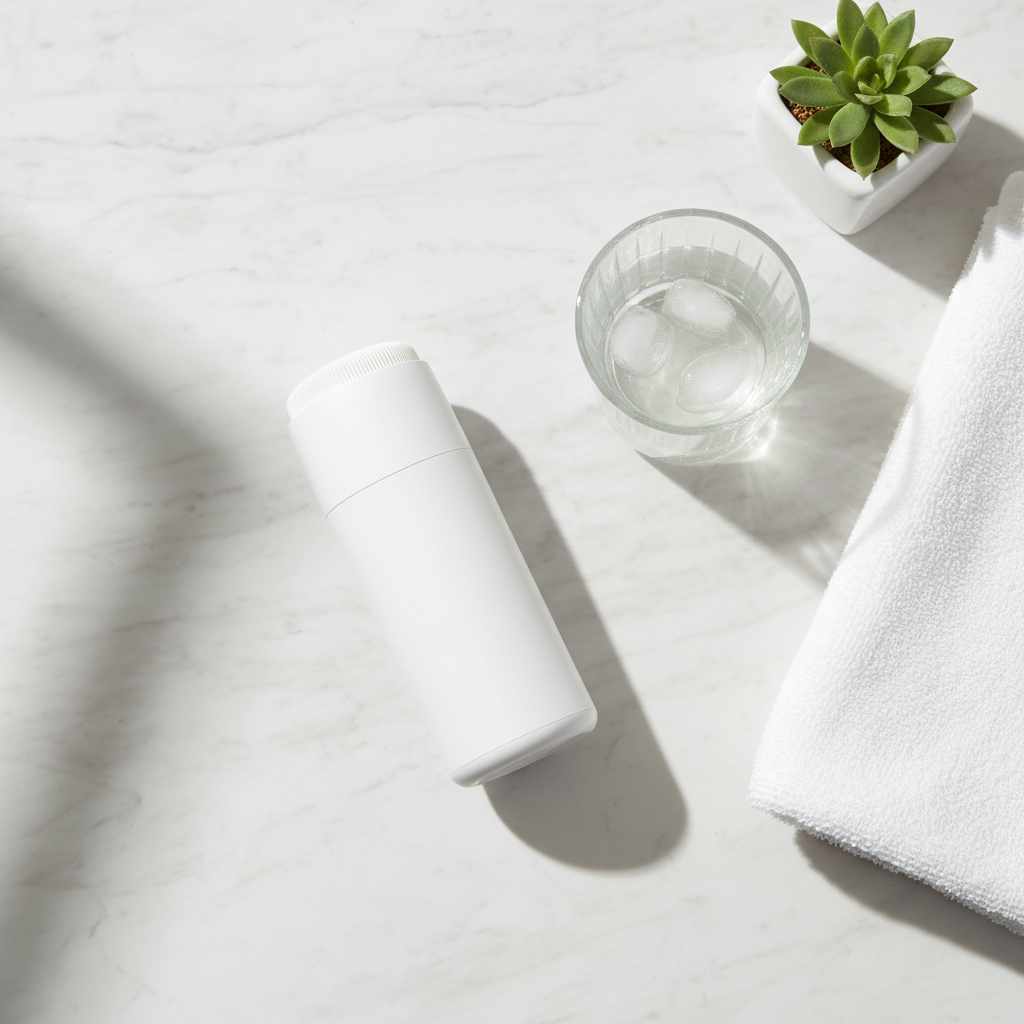 Lifestyle — white electric facial cleansing brush on white marble vanity beside glass of water, white towel, and small succulent — clean minimalist skincare editorial for visual context only