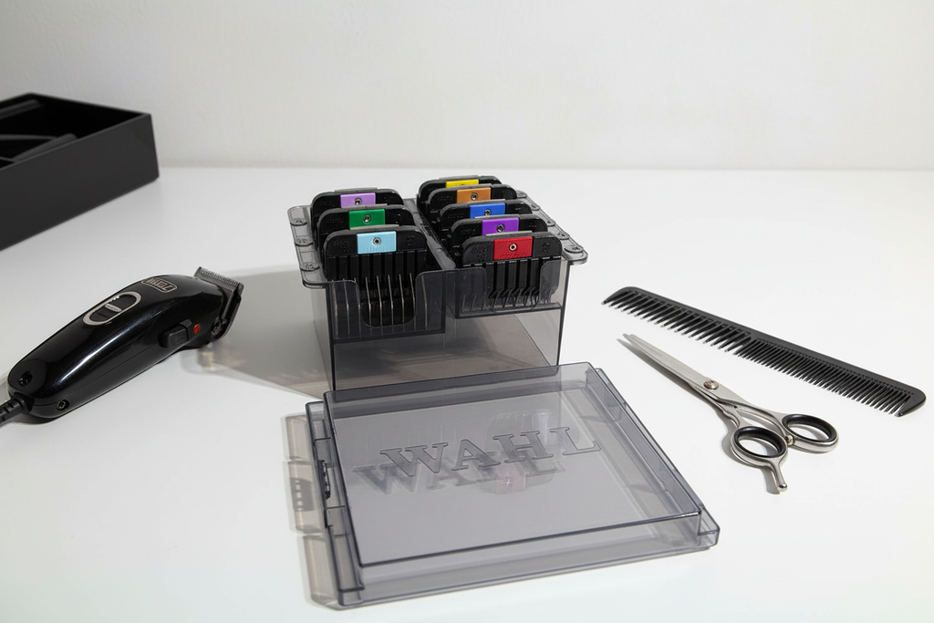 Wahl 8-piece color-coded clipper guide comb set in professional barber station with clipper scissors and comb – More4less Outlet