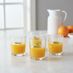 Four clear Anchor Hocking Mercado 7.5 fl oz glasses arranged for a simple juice serving setting