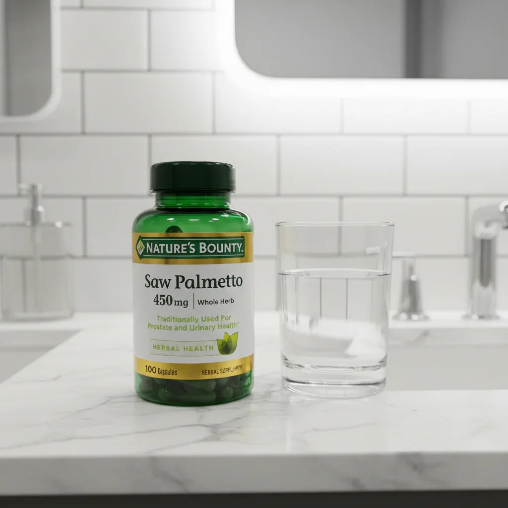 Nature's Bounty Saw Palmetto 450mg green bottle on contemporary bathroom marble vanity alongside modern silver-capped water glass