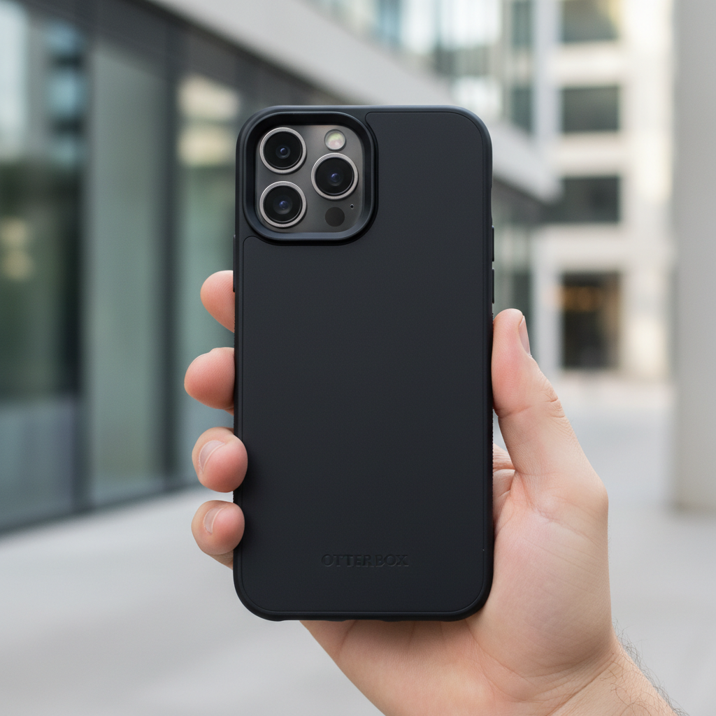 Black OtterBox Symmetry case fitted on iPhone 13 Pro Max highlighting precise camera cutout and raised edges