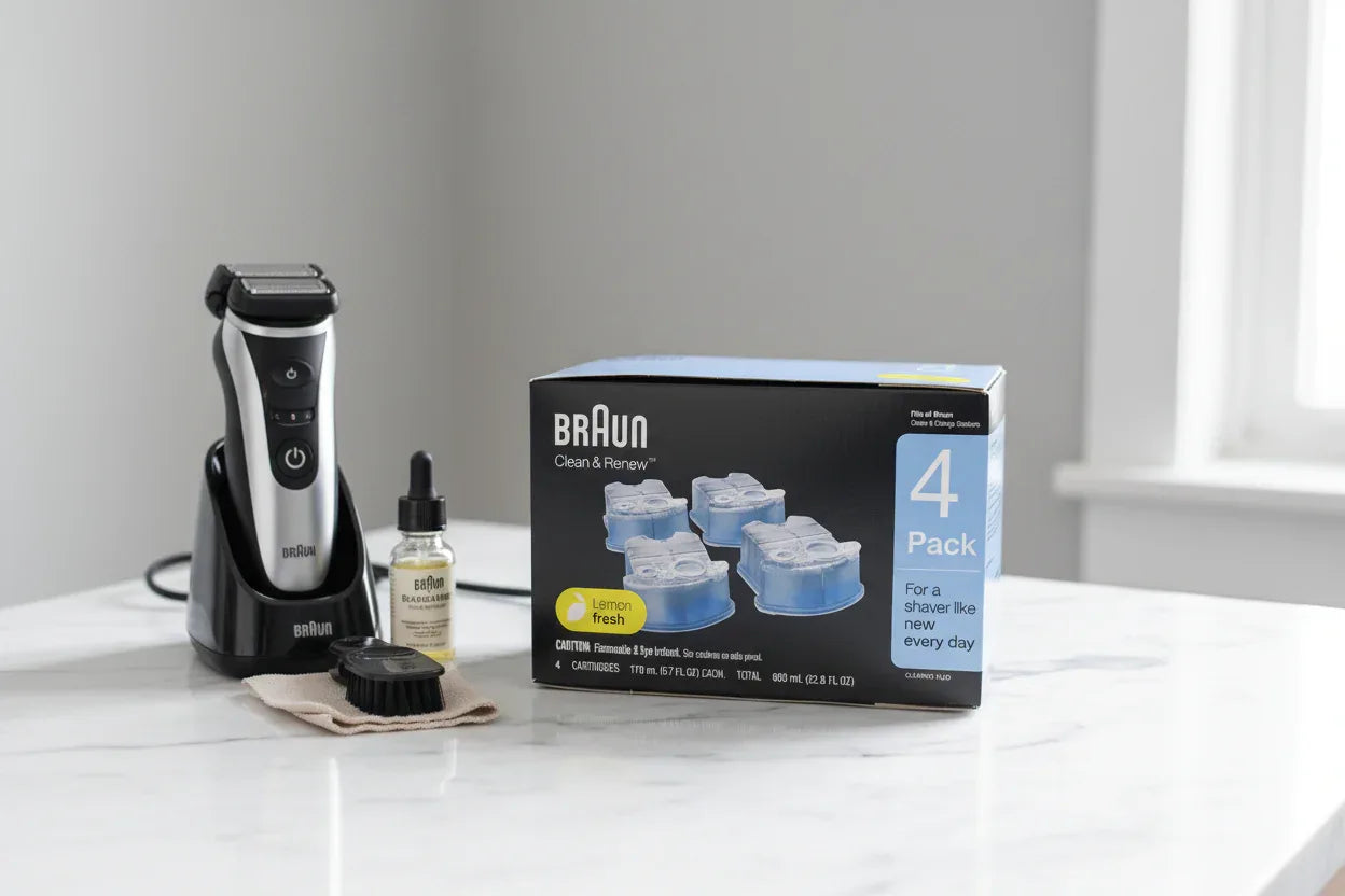 Professional male grooming station featuring electric shaver maintenance supplies on a clean marble vanity