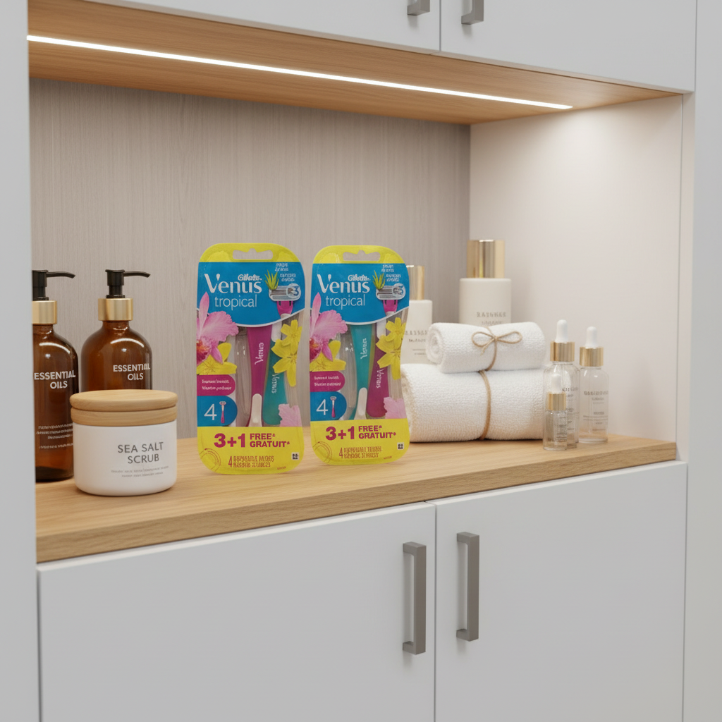 Gillette Venus Tropical 8ct Razor Bundle in organized Daily Care wall cabinet with spa toiletries