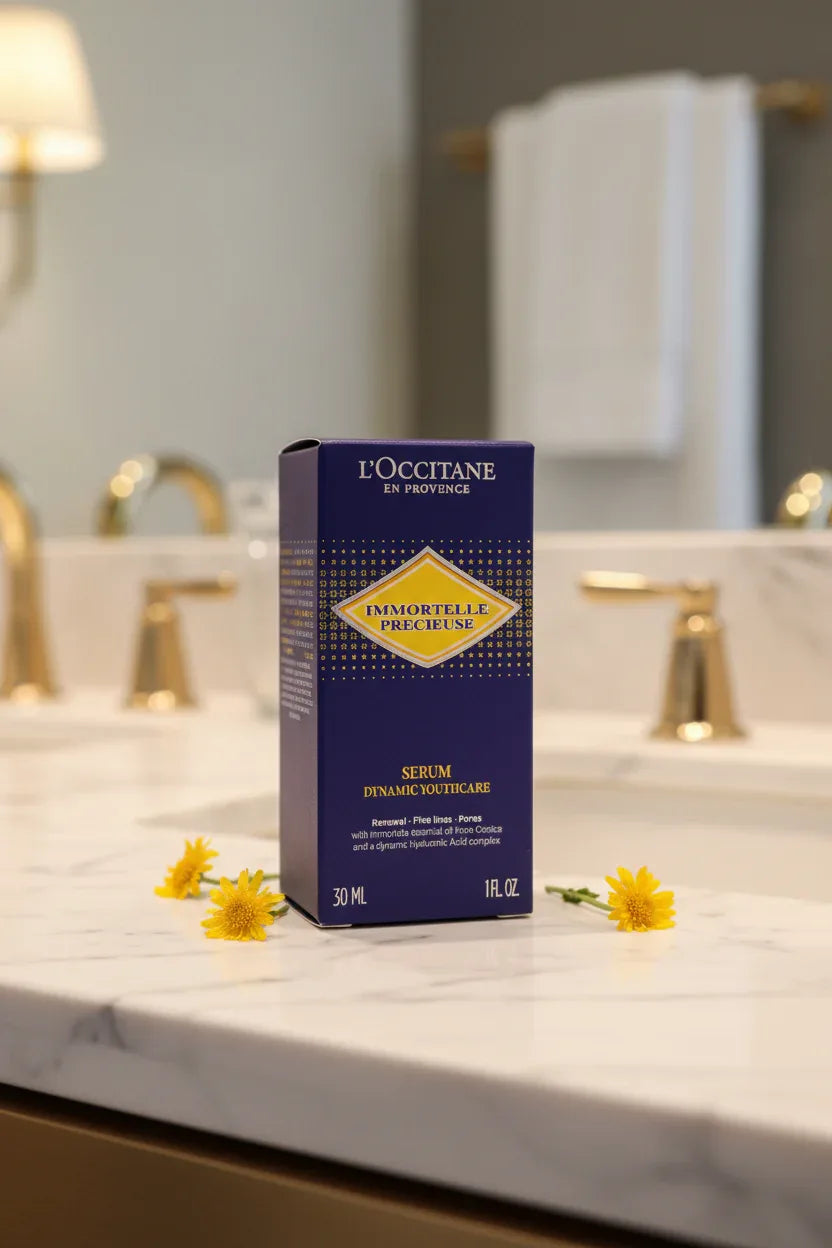 Dark blue luxury skincare serum box resting elegantly on a bright white marble vanity