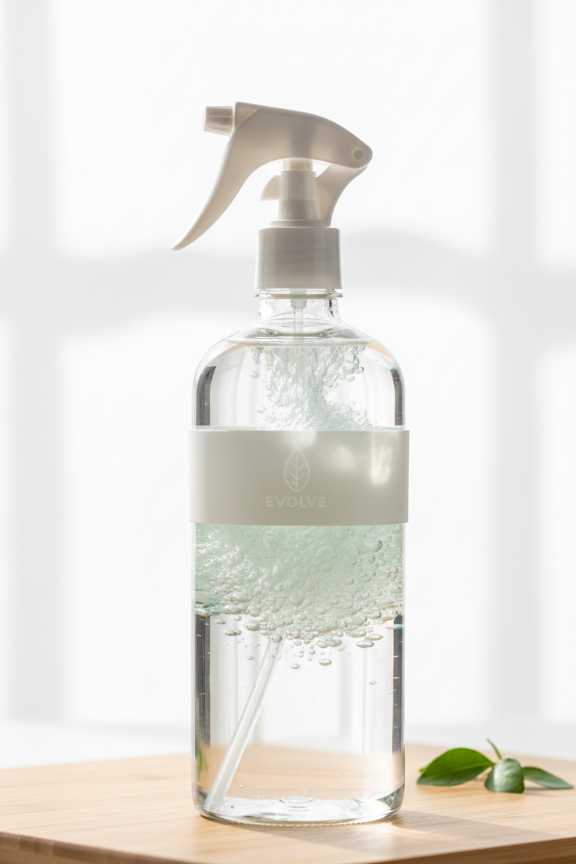 Eco-friendly cleaning tablet dissolving in clear water inside modern spray bottle
