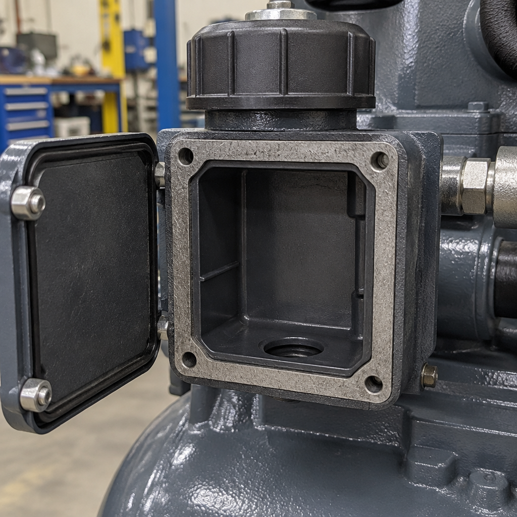 AI-generated close-up of an air compressor breather housing panel where the foam element is installed