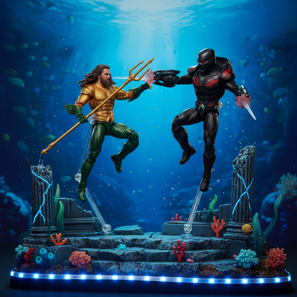 DC Aquaman and Black Manta 4-inch action figures posed in an epic battle scene with underwater blue lighting — More4less Outlet lifestyle image