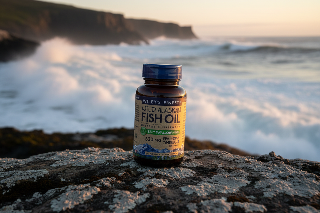 Wiley's Finest Easy Swallow Minis 60 fish oil bottle on Alaskan coastal rocks with ocean background – More4less Outlet
