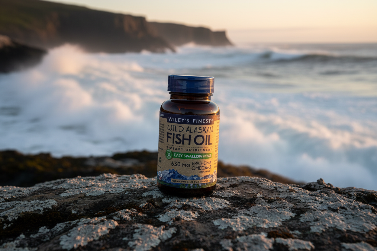Wiley's Finest Easy Swallow Minis 60 fish oil bottle on Alaskan coastal rocks with ocean background – More4less Outlet