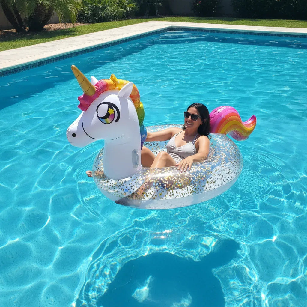 PoolCandy Glitter Unicorn pool tube floating in sunny backyard swimming pool