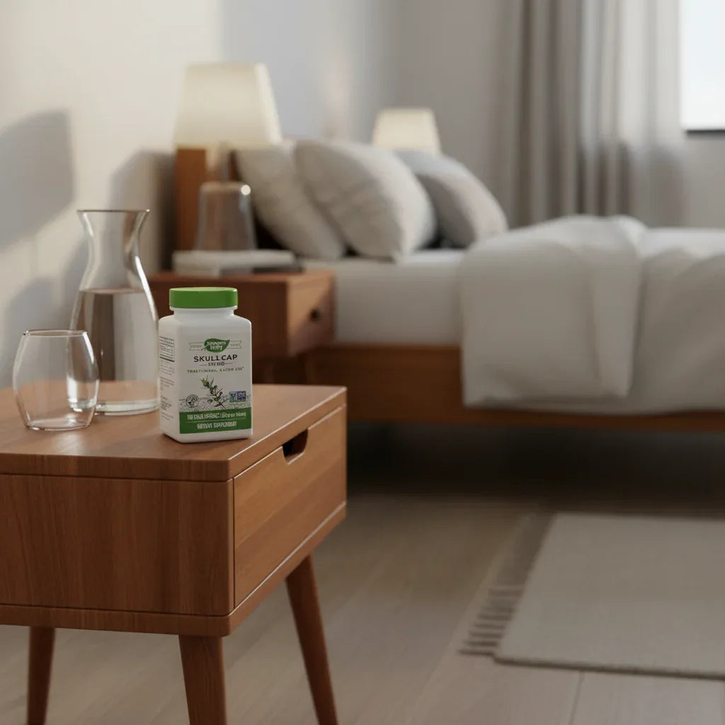 Nature's Way Skullcap Herb bottle on mid-century modern wooden nightstand in master suite with carafe of water