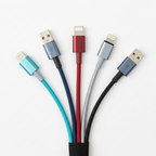 Five colorful 360 Electrical HabitatCharge braided Kevlar USB-A to Lightning cables in teal, navy, red, silver, and charcoal arranged in a fan flat lay — More4less Outlet