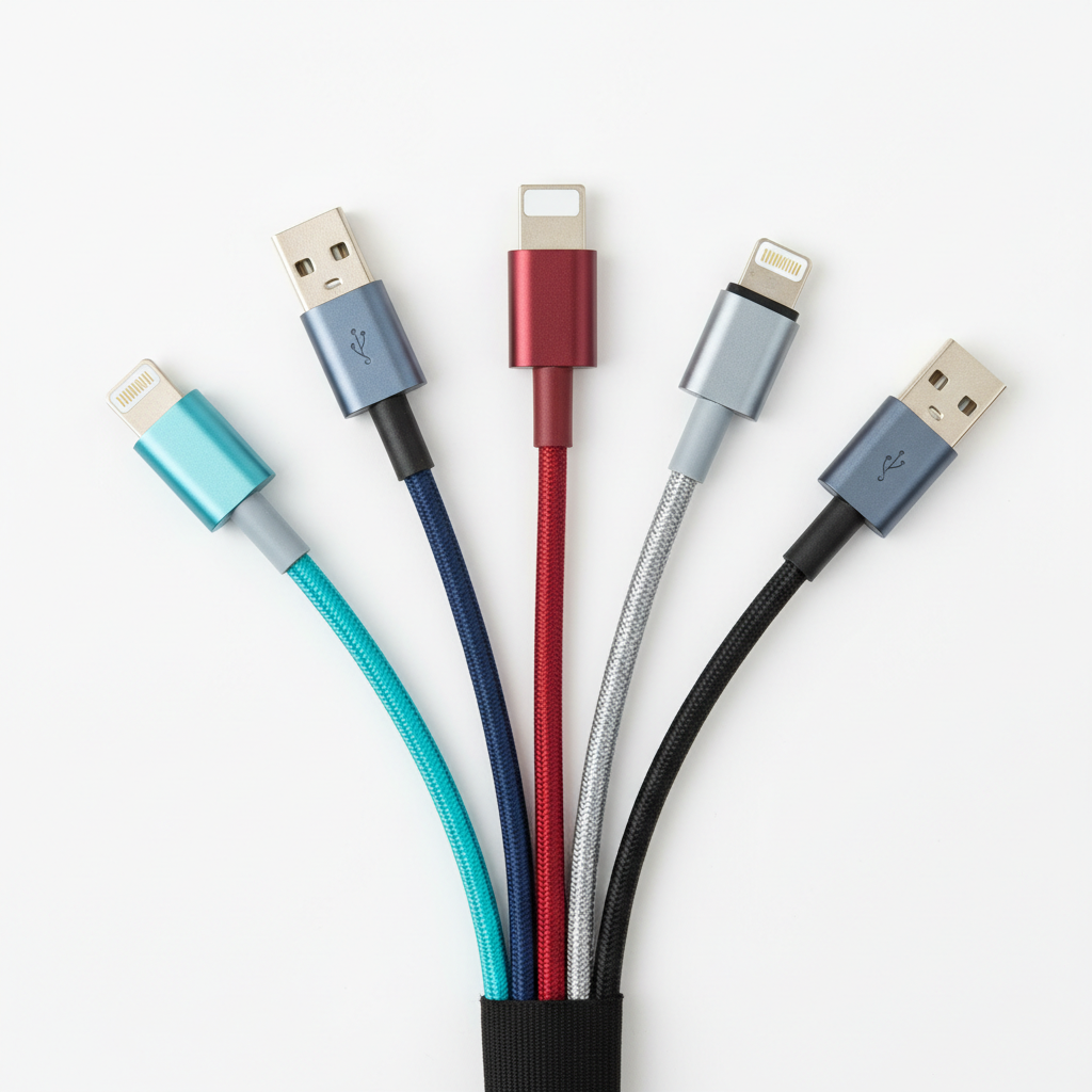 Five colorful 360 Electrical HabitatCharge braided Kevlar USB-A to Lightning cables in teal, navy, red, silver, and charcoal arranged in a fan flat lay — More4less Outlet