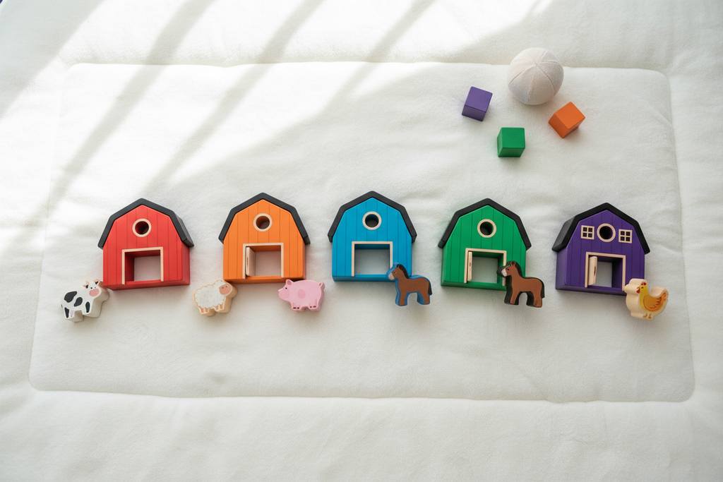 Five colorful mini barn toys in red, orange, blue, green, and purple with farm animal figures on a white play mat