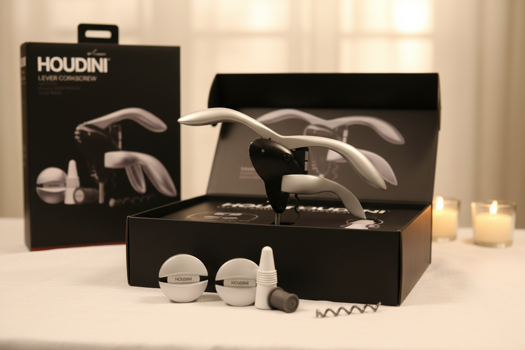 Houdini Lever Corkscrew 5-piece set displayed as gift with open retail box on white linen showing corkscrew, stoppers, foil cutter and extra spiral - More4less Outlet