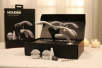 Houdini Lever Corkscrew 5-piece set displayed as gift with open retail box on white linen showing corkscrew, stoppers, foil cutter and extra spiral - More4less Outlet
