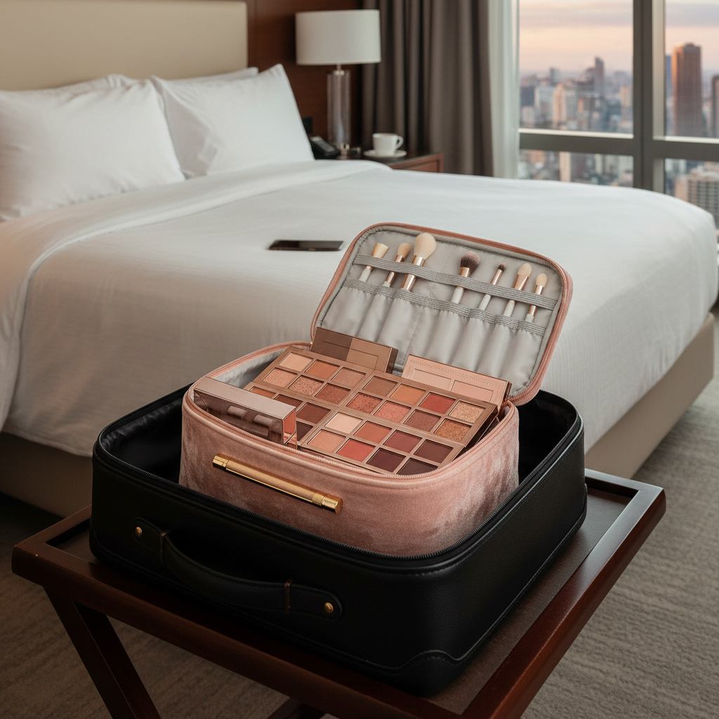 Lifestyle image - silver zippered makeup case open in suitcase with palettes organized inside, travel beauty scene for visual context only