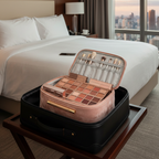 Lifestyle image - silver zippered makeup case open in suitcase with palettes organized inside, travel beauty scene for visual context only