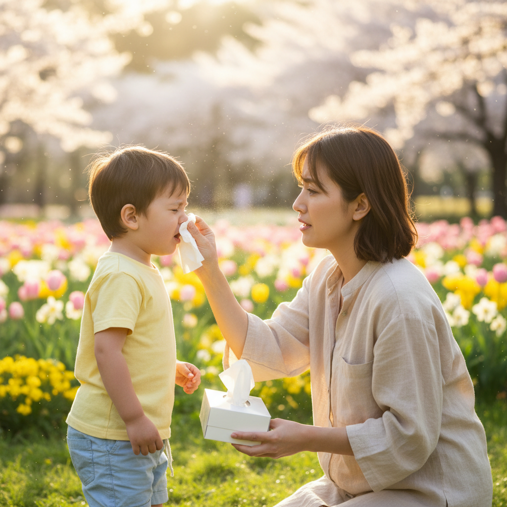 Young child sneezing outdoors in a park during spring allergy season, parent comforting child with tissues