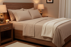 King bed dressed in soft natural tan Wellness Plus Sandalwood Scented sheets with four pillows, warm bedroom lighting and sandalwood candle on nightstand.