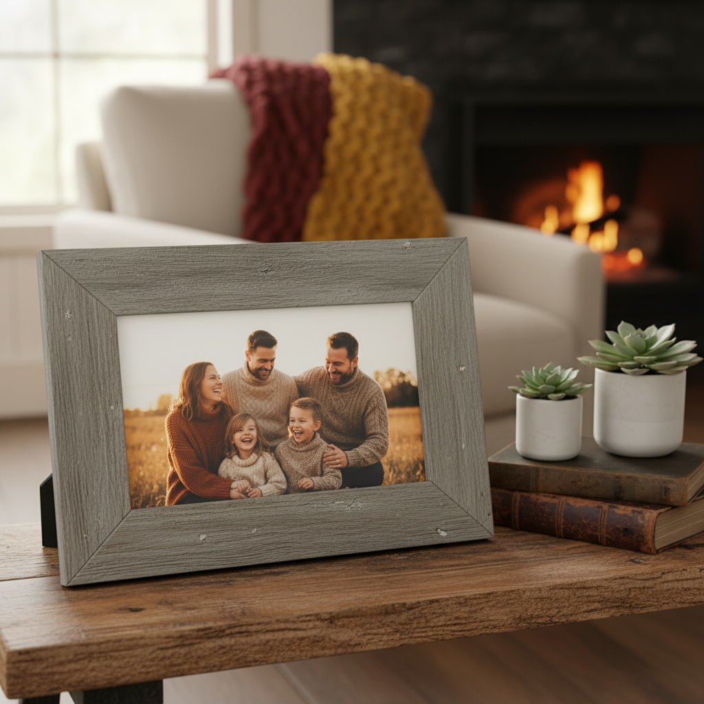 Weathered grey wood picture frame on a rustic wooden shelf with a family photo inside