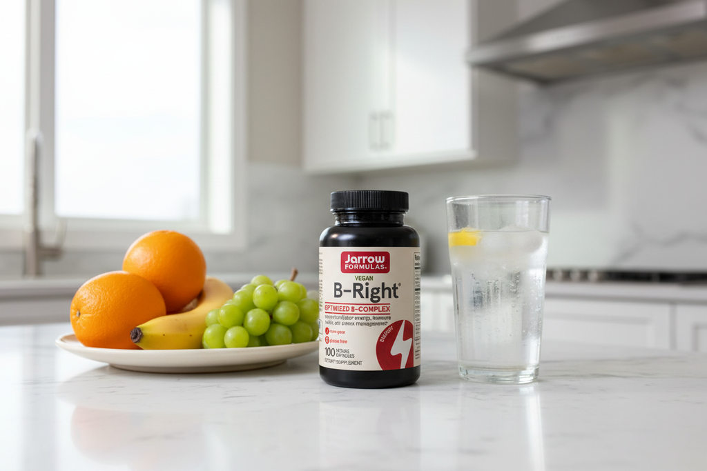 Jarrow Formulas B-Right B-Complex supplement bottle on kitchen counter with citrus fruits and water – More4less Outlet