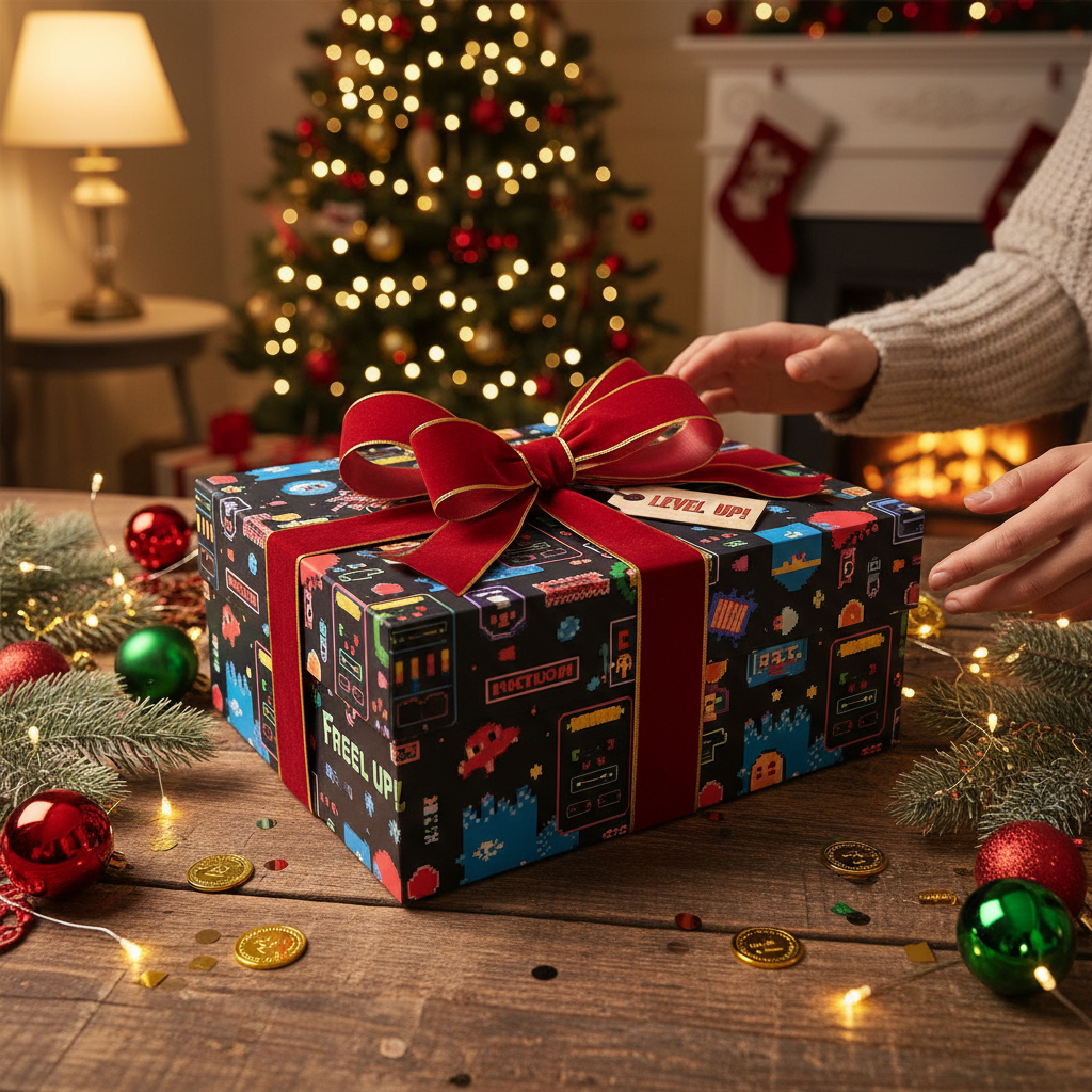 Retro arcade gaming console gift box with ribbon on a holiday table with festive decorations — More4less Outlet lifestyle image