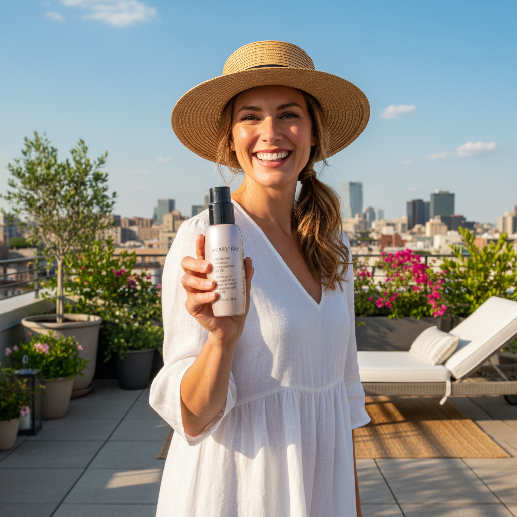 Woman outdoors on sunny rooftop holding Mary Kay TimeWise Day Solution SPF 35