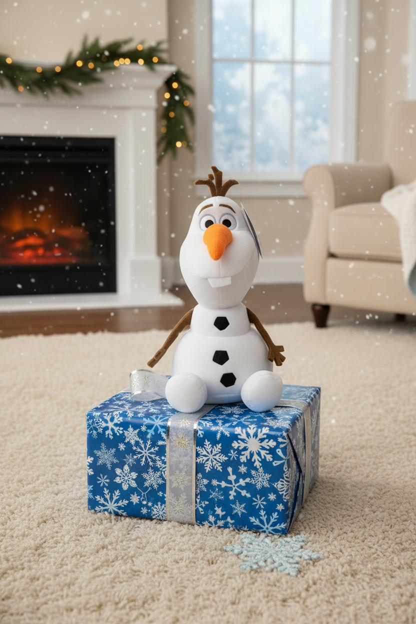 Disney Frozen Olaf interactive plush on blue and white birthday gift box