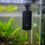 Close-up of flat aquarium heater suction cup mount on tank glass wall with aquatic plants