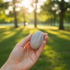 Hand holding Lifelines grounding stone outdoors in sunlight, demonstrating portable stress relief.