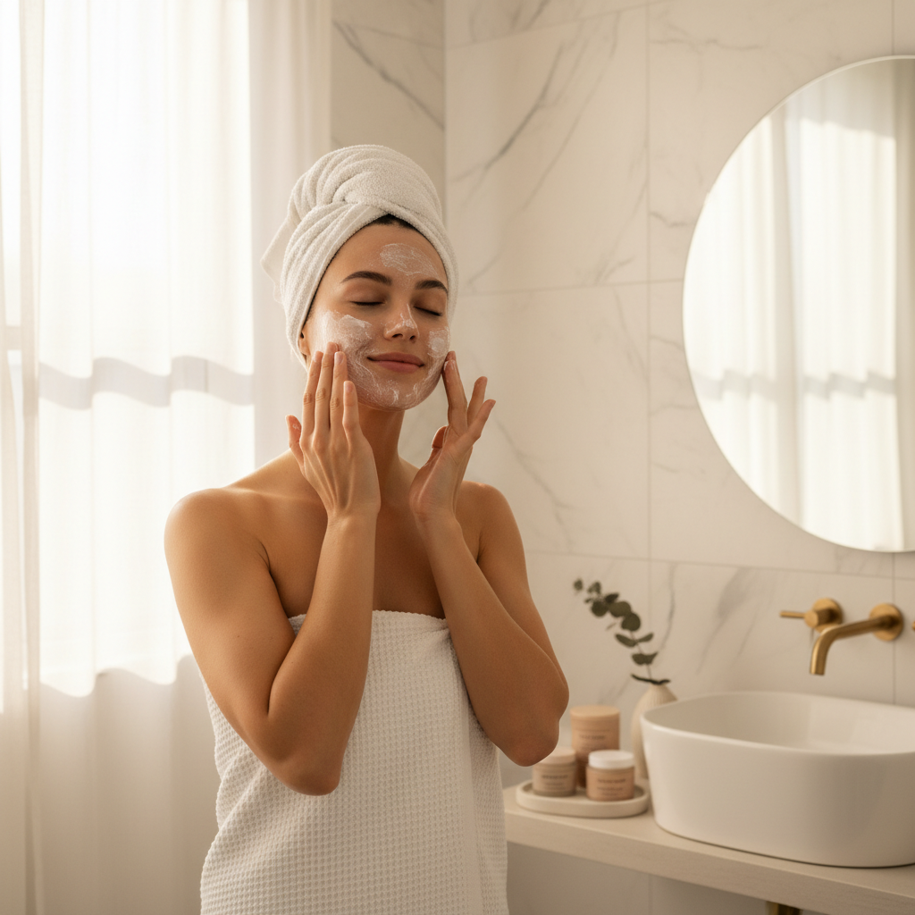 Woman gently massaging an exfoliating face scrub onto her skin in a bright clean bathroom
