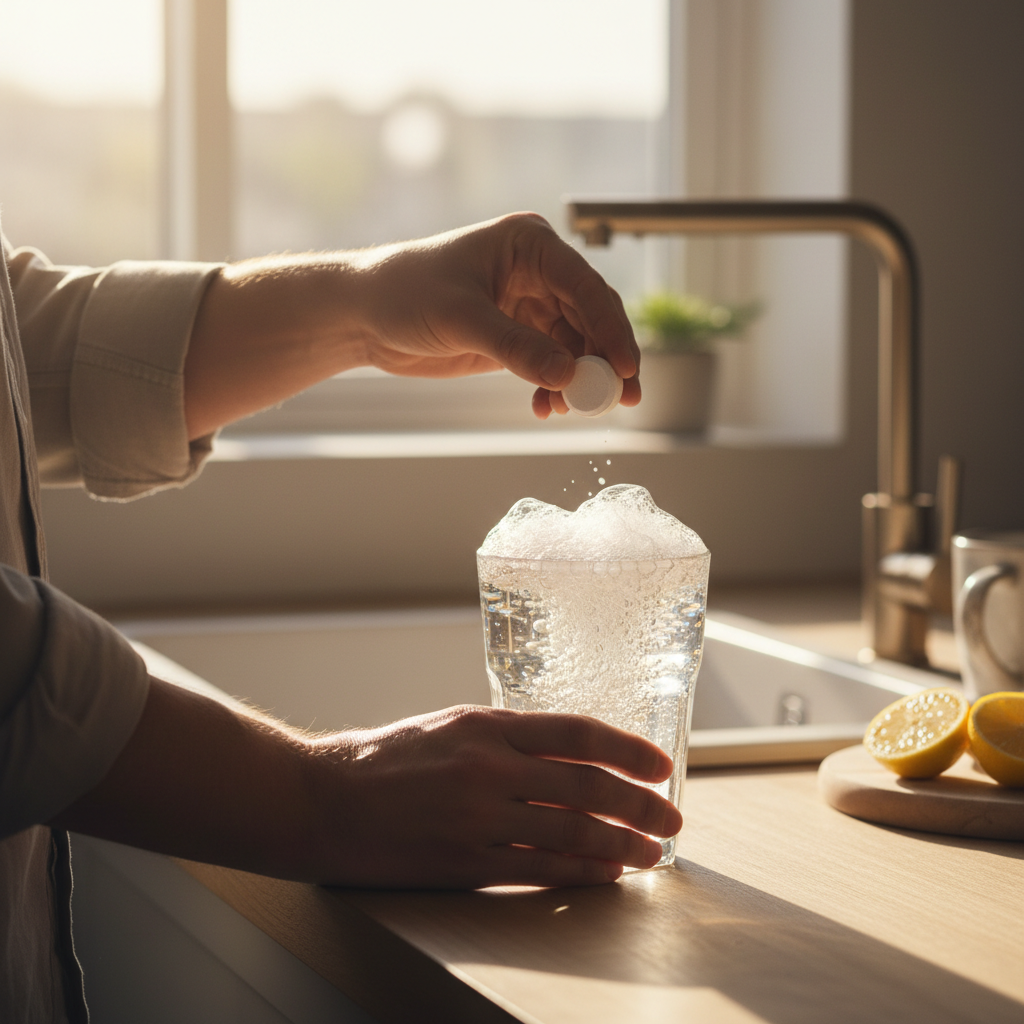 Person dropping effervescent tablet into glass of water